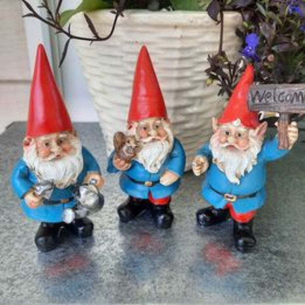 Garden Gnomes Mini Miniature Painted Resin Three Piece Set Indoor Outdoor NEW